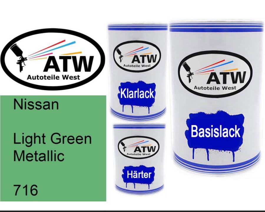 Nissan, Light Green Metallic, 716: 500ml Lackdose + 500ml Klarlack + 250ml Härter - Set, von ATW Autoteile West.